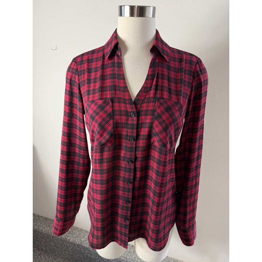 Express Portofino Shirt Womens Small Slim Fit Plaid Button Up Shirt Red Black